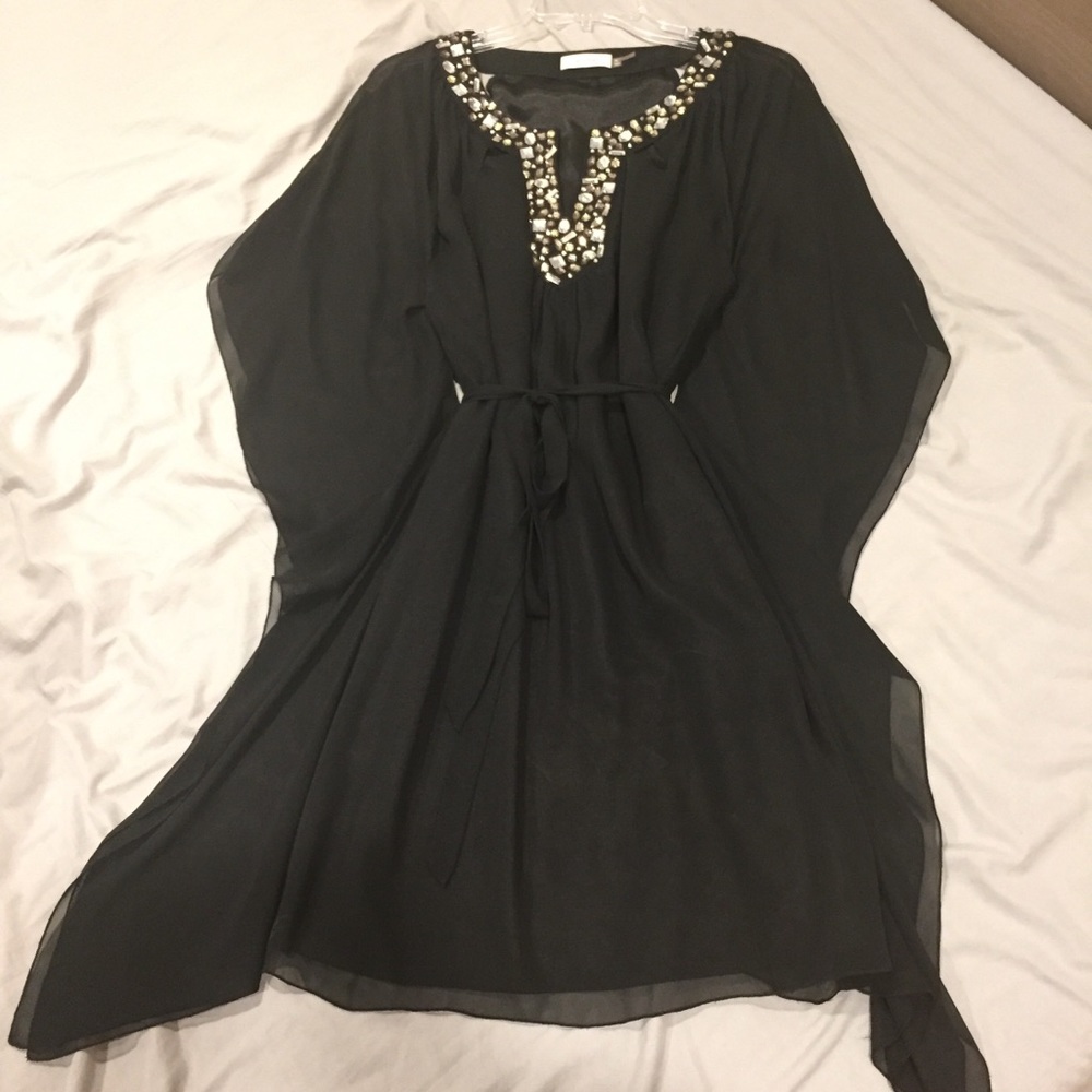 Calvin Klein cape dress w rhinestone neckline